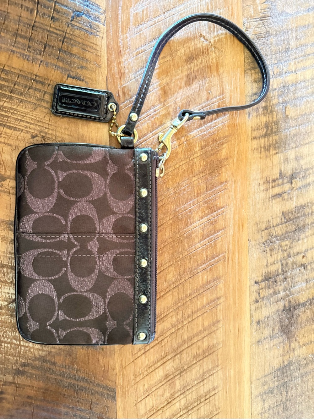 Coach Brown Logo Wristlet with Gold Hardware